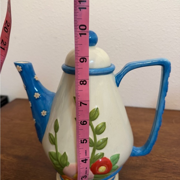 Mary Engelbreit Floral Teapot Enesco 2003 Blue Checkerboard - Picture 2 of 7